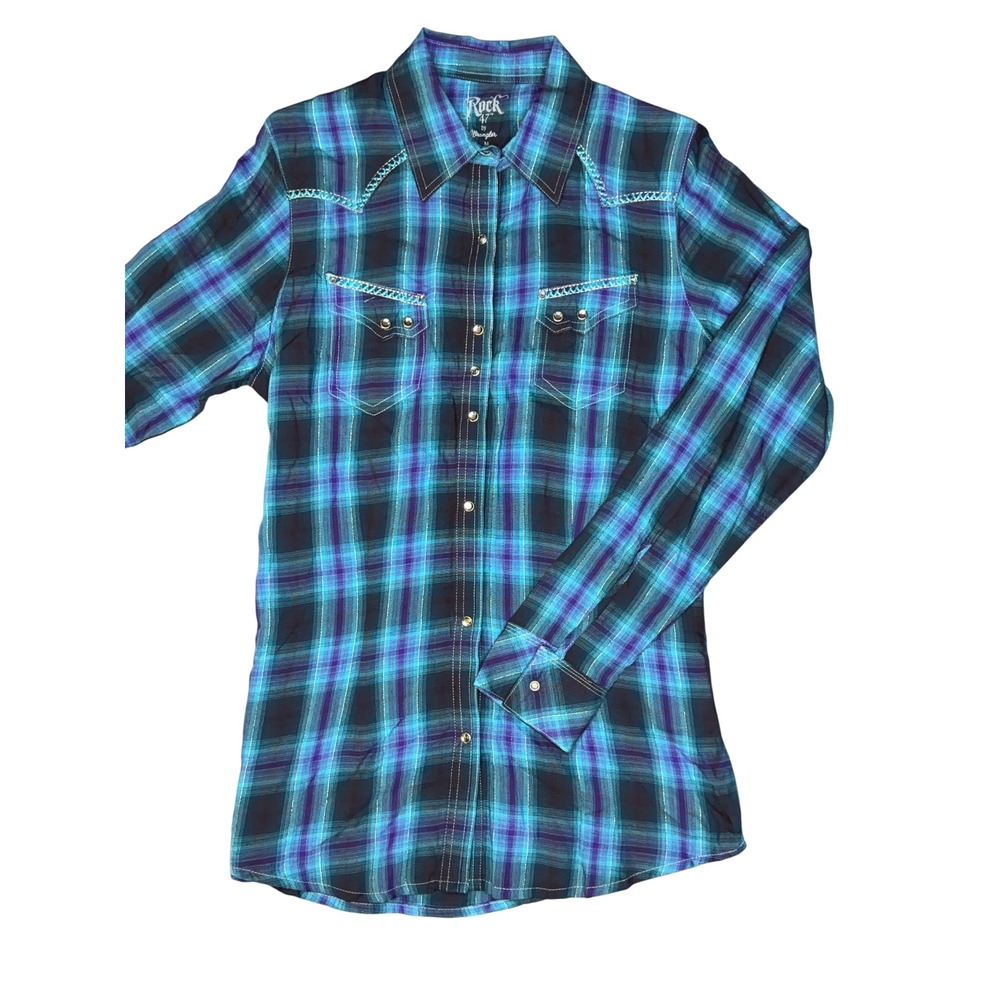 Wrangler Rock 47 Western Shirt Womens M Blue Purple Plaid Rhinestone Snaps